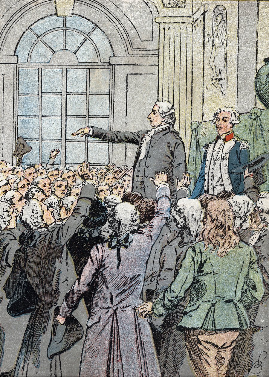 Revolución Francesa: "El diputado Jean Sylvain Bailly (1736-1793) fue elegido alcalde de París el 15/07/1789 en presencia de La Fayette" (Líder político Jean-Sylvain Bailly elegido como alcalde de París el 15 de julio de 1789) Ilustración de Louis Charles  de Louis Charles Bombled