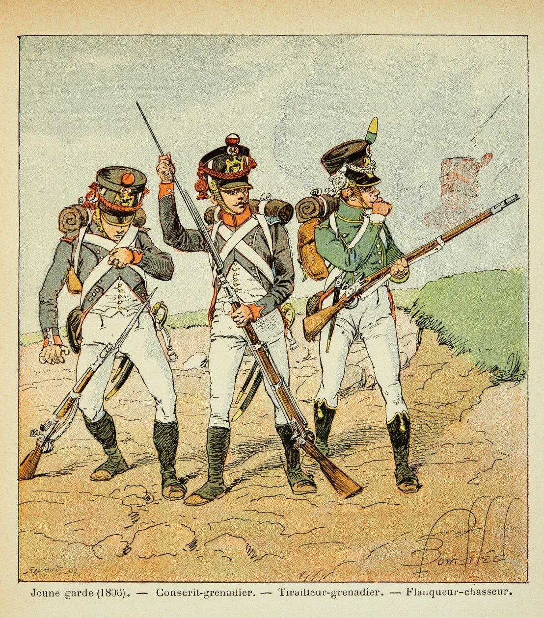 Ilustración por Bombled Louis (1862-1927) del libro “El Memorial de Santa Helena” por el Conde Emmanuel de Las Cases (1766-1842): La Guardia Joven de 1806: granadero conscripto; tirador granadero y cazador flanqueador, Colección privada de Louis Charles Bombled