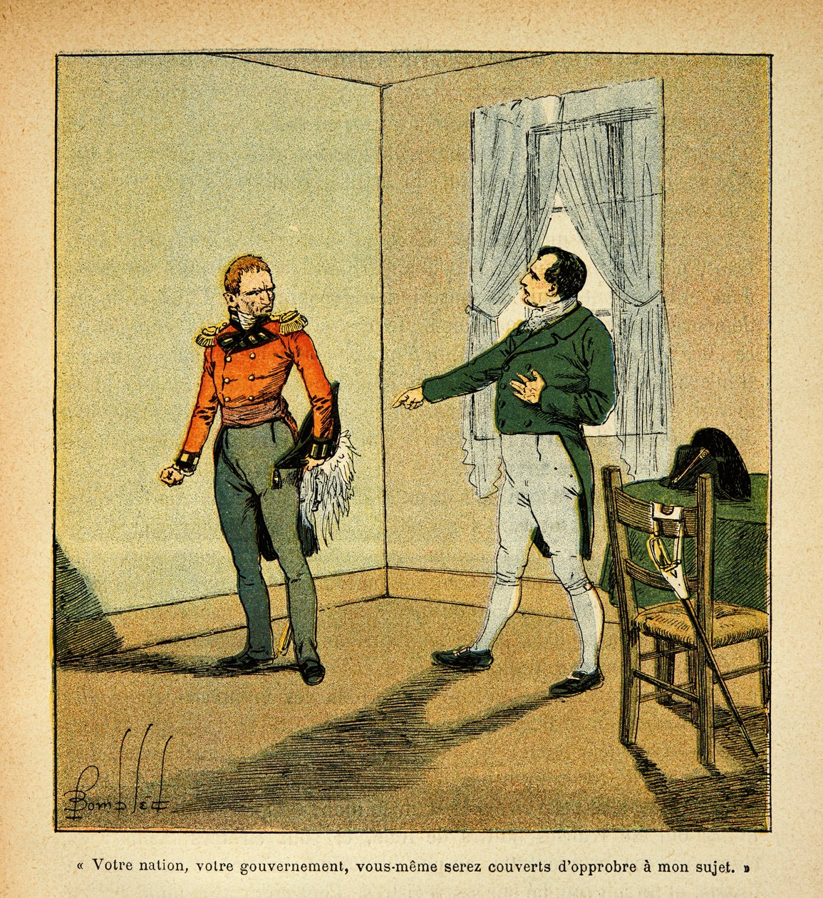 Ilustración de Louis Bombled (1862-1927) del libro "El Memorial de Santa Helena" por el Conde Emmanuel de Las Cases (1766-1842): El emperador Napoleón culpa al gobernador Hudson Lowe (1769-1844) por su comportamiento hacia él, Colección parcial de Louis Charles Bombled
