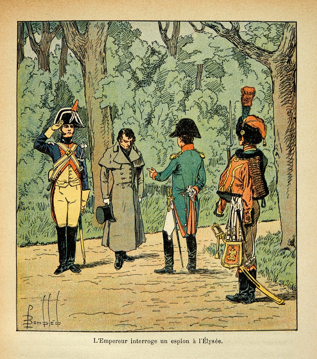 Ilustración de Louis Bombled (1862-1927) del libro "El Memorial de Santa Helena" por el Conde Emmanuel de Las Cases (1766-1842): El emperador Napoleón interroga a un espía en el Elíseo, Colección privada de Louis Charles Bombled