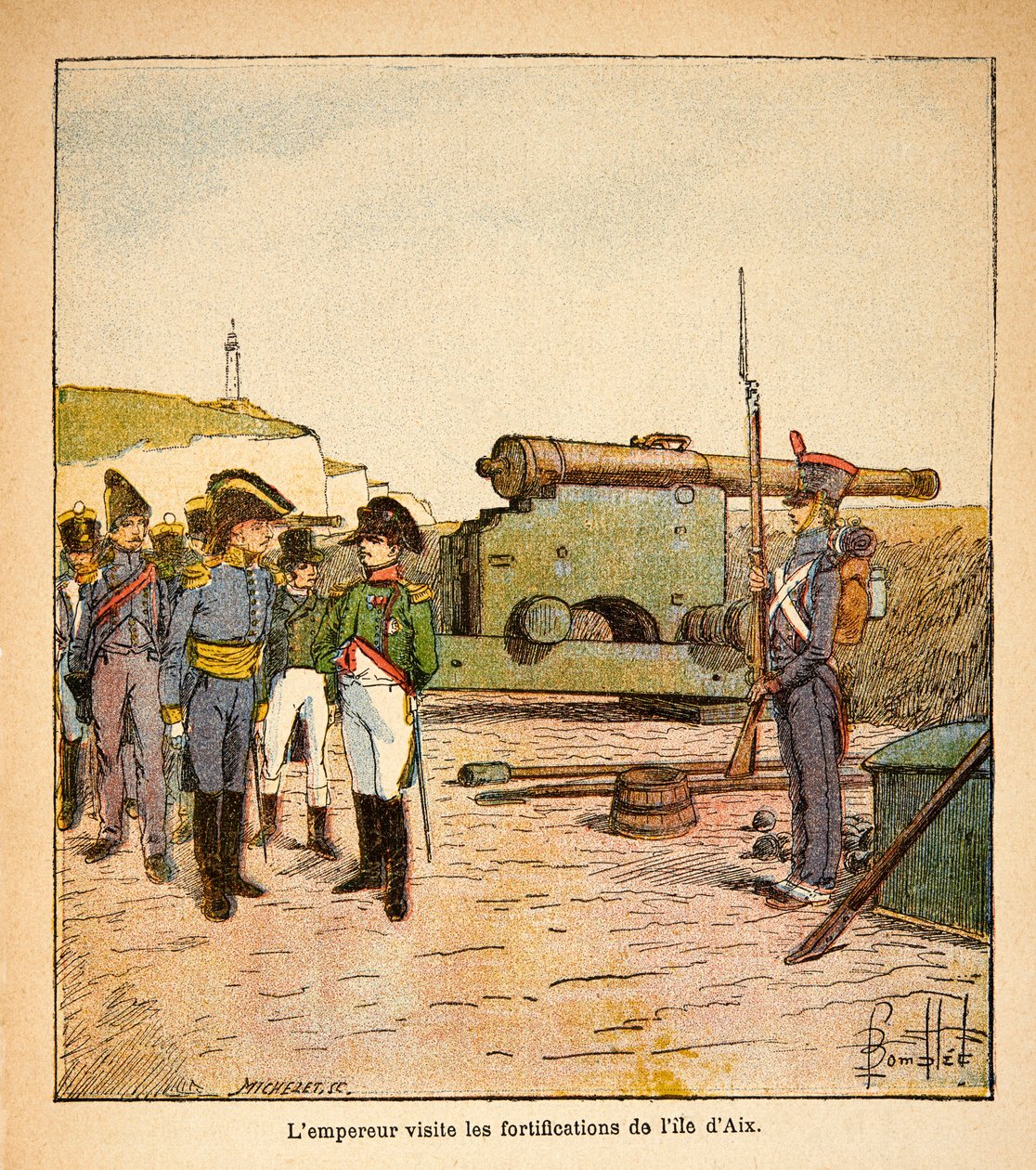 Ilustración de Louis Bombled (1862-1927) del libro "El Memorial de Santa Helena" por el Conde Emmanuel de Las Cases (1766-1842): El emperador Napoleón visita las fortificaciones de la isla de Aix después de su abdicación, Colección privada de Louis Charles Bombled