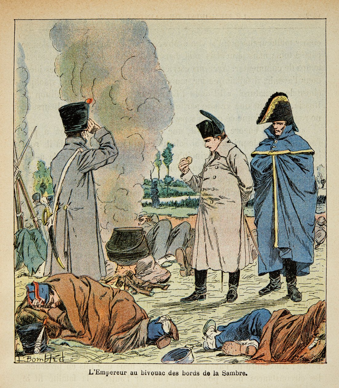 Ilustración de Louis Bombled (1862-1927) del libro "El Memorial de Santa Helena" por el Conde Emmanuel de Las Cases (1766-1842): Napoleón durante un vivac come el pan de los soldados, Colección privada de Louis Charles Bombled