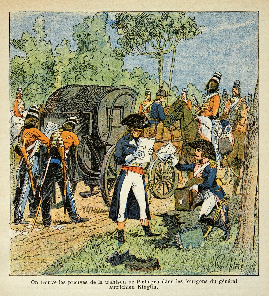 Ilustración de Louis Bombled (1862-1927) del libro "El Memorial de Santa Helena" por el Conde Emmanuel de Las Cases (1766-1842): Durante el paso del Rin, Moreau descubre la correspondencia entre Pichegru y el Príncipe de Condé en las furgonetas de de Louis Charles Bombled