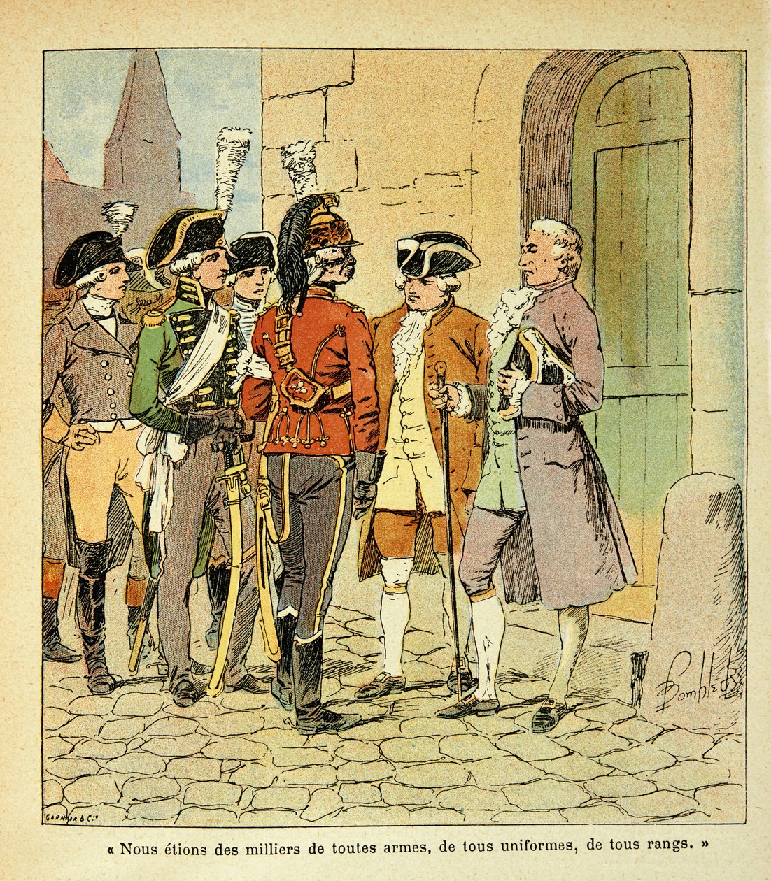 Ilustración de Louis Bombled (1862-1927) del libro "El Memorial de Santa Helena" del Conde Emmanuel de Las Cases (1766-1842): Emigrantes a Coblenza (Koblenz) durante la Revolución, colección privada de Louis Charles Bombled
