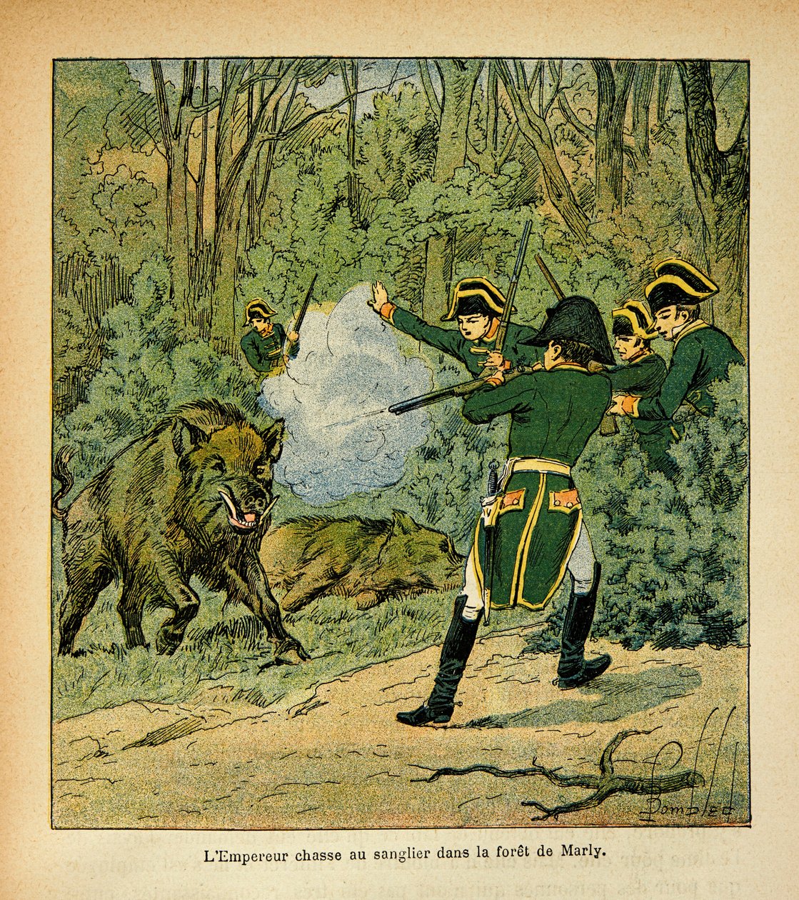 Ilustración de Louis Bombled (1862-1927) del libro "El Memorial de Santa Helena" del Conde Emmanuel de Las Cases (1766-1842): El Emperador Napoleón caza el jabalí en el bosque de Marly, colección privada de Louis Charles Bombled