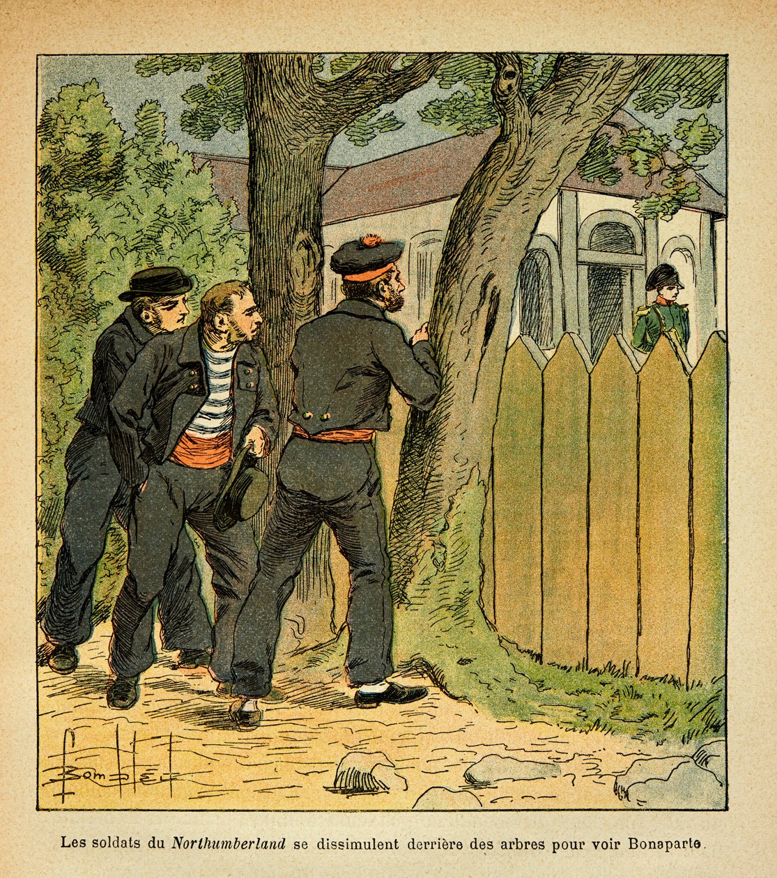Ilustración de Bombled Louis (1862-1927) del libro “El Memorial de Santa Helena” de Conde Emmanuel de Las Cases (1766-1842): En Santa Helena, los marineros del Northumberland se esconden para ver al emperador Napoleón, Colección privada de Louis Charles Bombled
