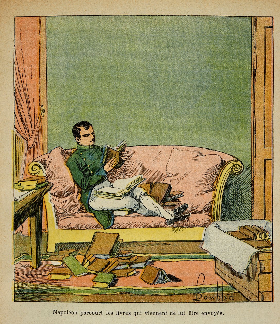 Ilustración de Bombled Louis (1862-1927) del libro “El Memorial de Santa Helena” de Conde Emmanuel de Las Cases (1766-1842): El emperador Napoleón revisa los libros que acaban de ser enviados a Santa Helena, Colección privada de Louis Charles Bombled