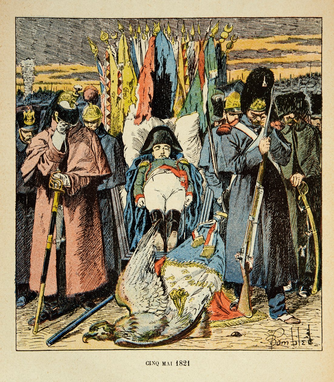 Ilustración de Bombled Louis (1862-1927) del libro “El Memorial de Santa Helena” de Conde Emmanuel de Las Cases (1766-1842): Alegoría, el ejército rinde homenaje al emperador después de su muerte, Colección privada de Louis Charles Bombled