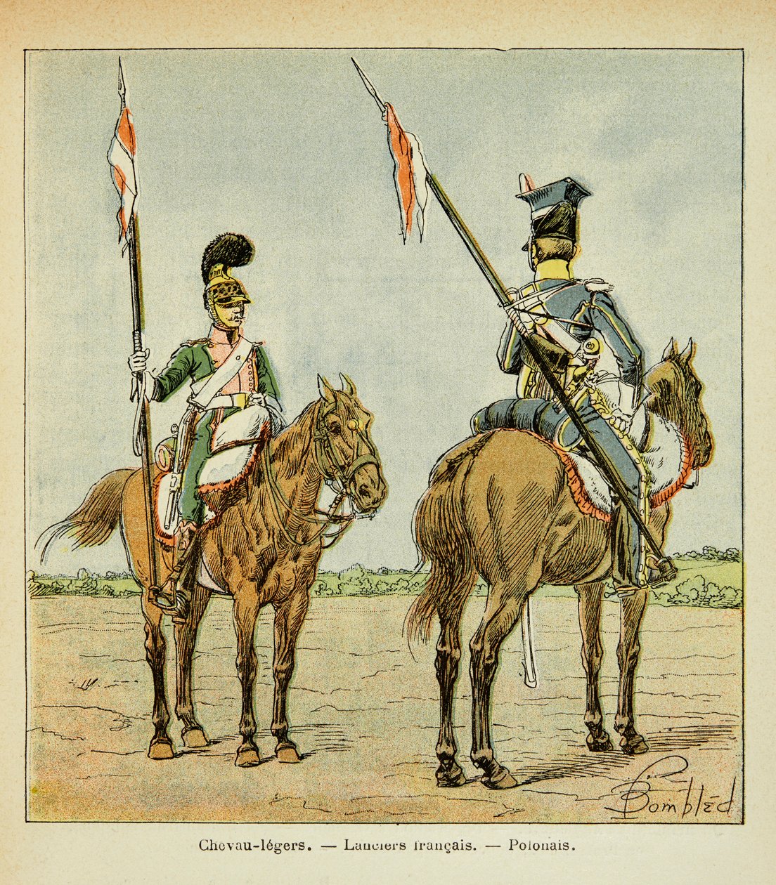 Ilustración de Bombled Louis (1862-1927) del libro “El Memorial de Santa Helena” de Conde Emmanuel de Las Cases (1766-1842): Caballos ligeros de la Guardia: Lancero francés y polaco, Colección privada de Louis Charles Bombled