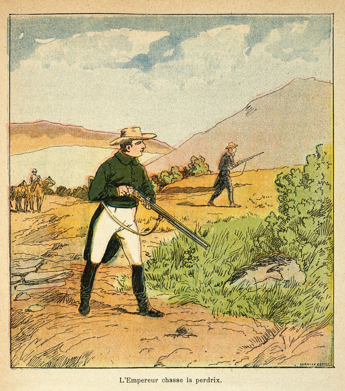 Ilustración de Bombled Louis (1862-1927) del libro “El Memorial de Santa Helena” de Emmanuel de Las Cases (1766-1842): Napoleón cazando con Las Cases en Santa Helena en agosto de 1816, Colección Privada de Louis Charles Bombled
