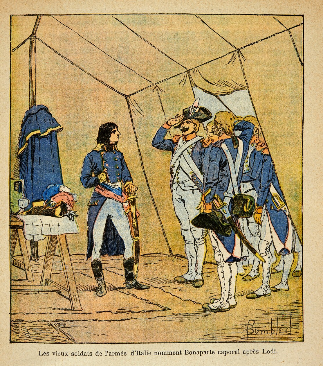 Ilustración de Louis Bombled (1862-1927) del libro “El Memorial de Santa Helena” de Emmanuel de Las Cases (1766-1842): Los viejos soldados del ejército italiano nombran a Bonaparte cabo después de la Batalla de Lodi en 1796, Colección Privada de Louis Charles Bombled