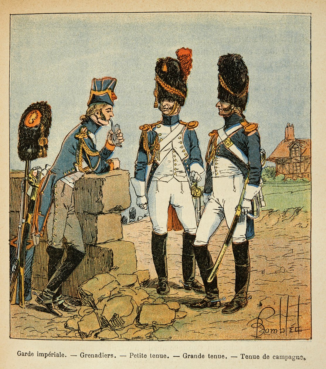 Ilustración de Louis Bombled (1862-1927) del libro “El Memorial de Santa Helena” de Emmanuel de Las Cases (1766-1842): Granaderos de la Guardia Imperial: Pequeño uniforme; gran uniforme y uniforme de campaña, Colección Privada de Louis Charles Bombled