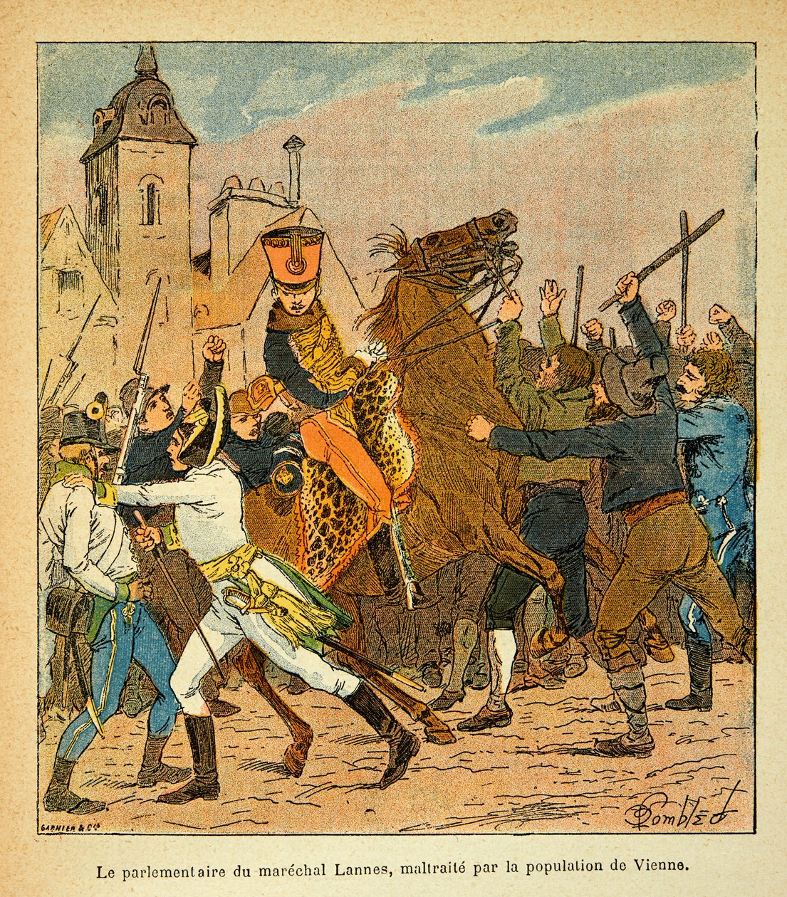 Ilustración de Louis Bombled (1862-1927) del libro El Memorial de Santa Helena de Conde Emmanuel de Las Cases (1766-1842): El parlamentario de Mariscal Lannes maltratado por la población de Viena, Colección Privada de Louis Charles Bombled