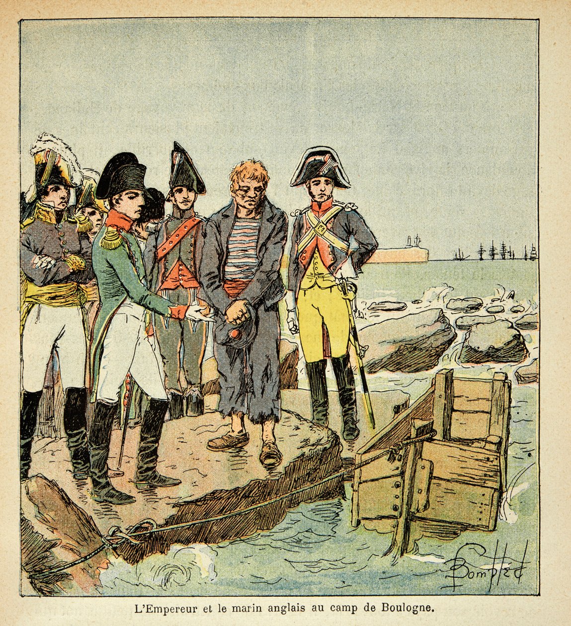 Un marinero inglés buscando unirse a su país liberado por el emperador en el campamento de Boulogne, de la colección privada de Louis Charles Bombled