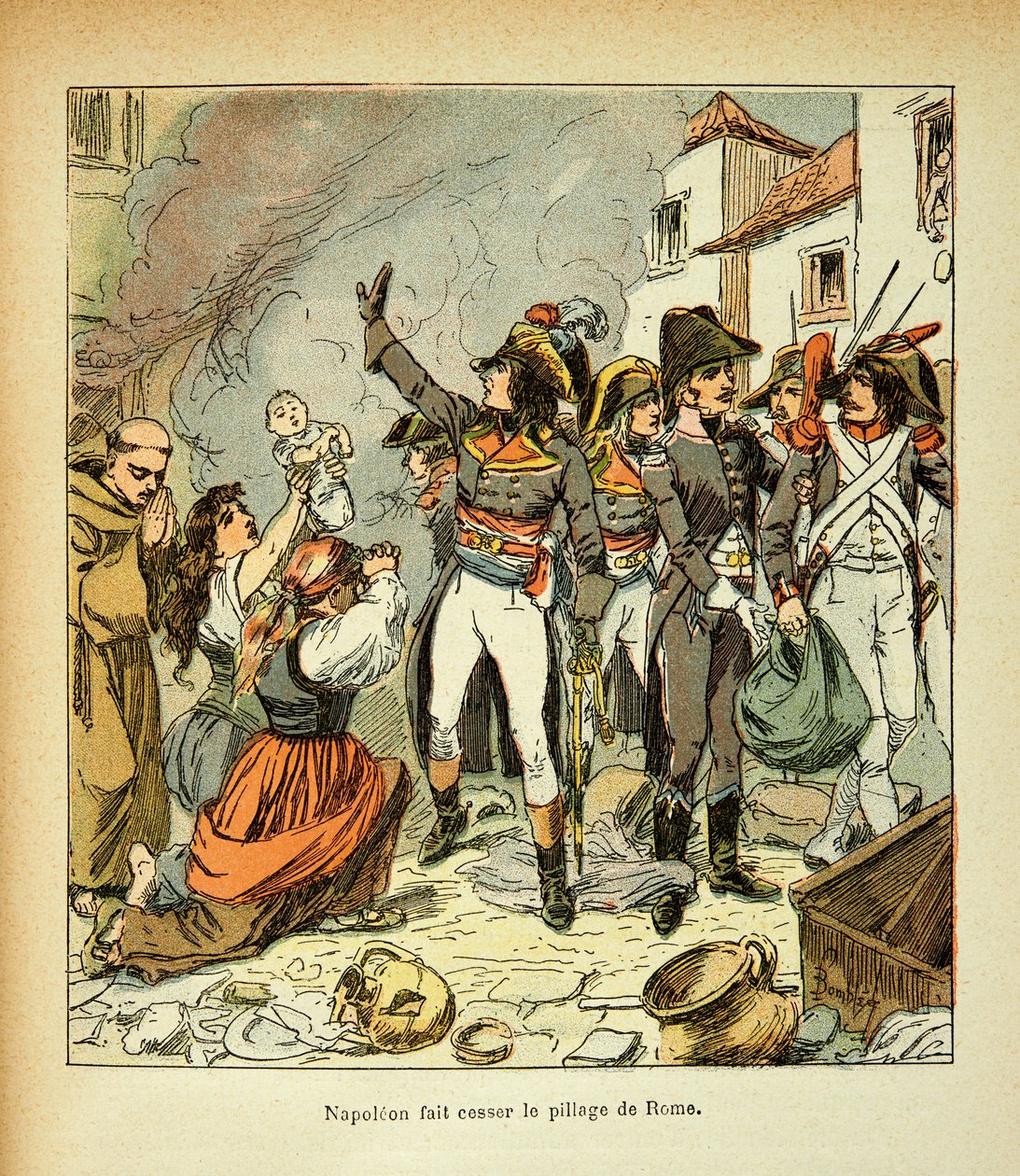 Ilustración de Louis Bombled (1862-1927) del libro "El Memorial de Santa Helena" por el Conde Emmanuel de Las Cases (1766-1842): Bonaparte cesa el saqueo de Roma, Colección privada de Louis Charles Bombled