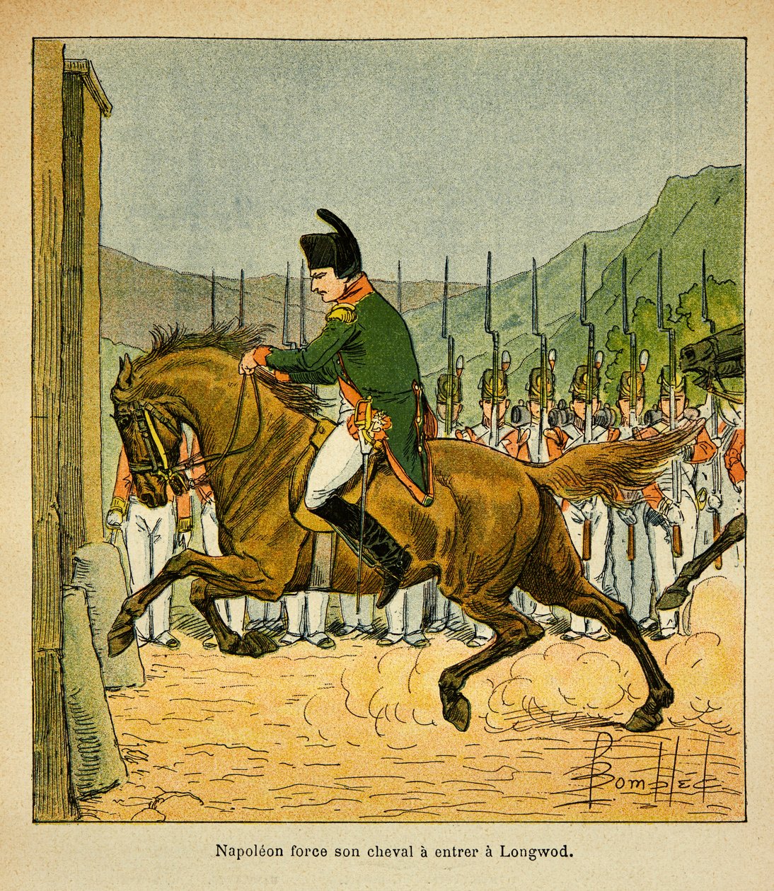 Ilustración de Bombled Louis (1862-1927) del libro “El Memorial de Santa Helena” de Conde Emmanuel de Las Cases (1766-1842): El emperador Napoleón obliga a su caballo a entrar en Longwood en Santa Helena, Colección privada de Louis Charles Bombled