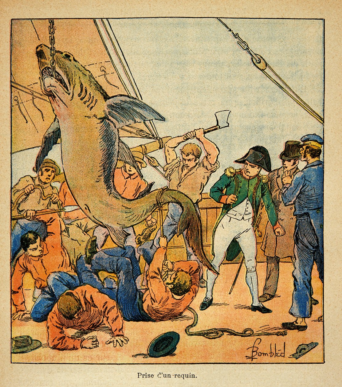 Ilustración de Bombled Louis (1862-1927) del libro “El Memorial de Santa Helena” de Conde Emmanuel de Las Cases (1766-1842): El emperador Napoleón asiste a la captura de un tiburón a bordo del Northumberland, Colección privada de Louis Charles Bombled