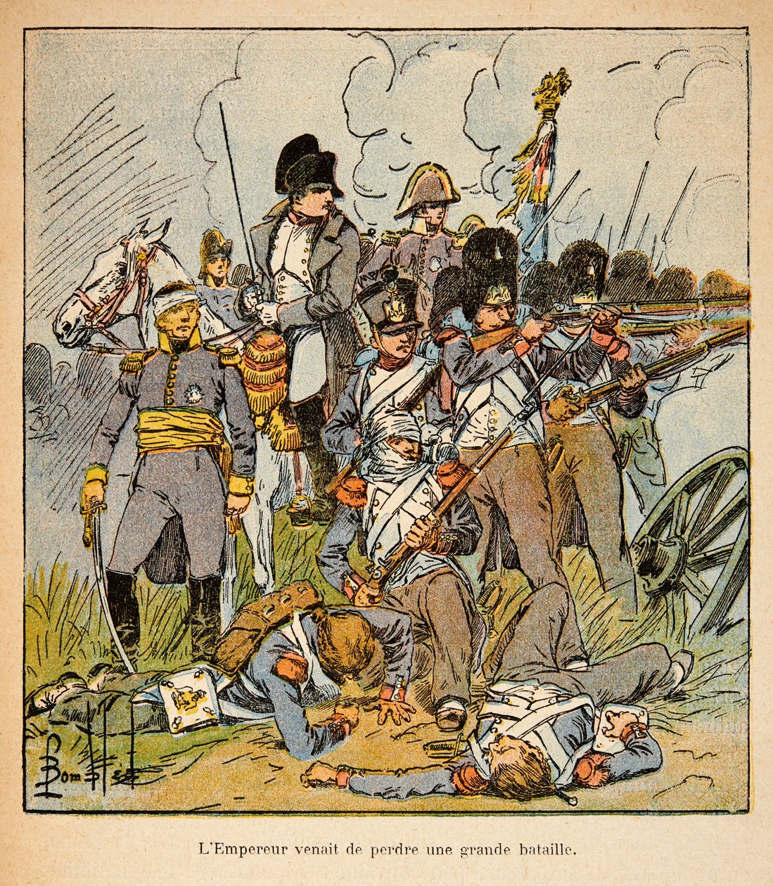 Ilustración de Bombled Louis (1862-1927) del libro “El Memorial de Santa Helena” de Conde Emmanuel de Las Cases (1766-1842): El emperador Napoleón en la batalla de Waterloo en 1815, Colección privada de Louis Charles Bombled