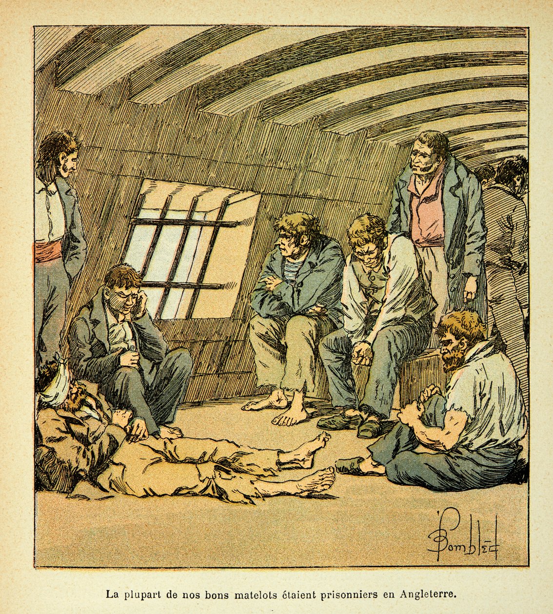 Ilustración de Louis Bombled (1862-1927) del libro "El Memorial de Santa Helena" del Conde Emmanuel de Las Cases (1766-1842): Prisioneros franceses en los pontones ingleses, colección privada de Louis Charles Bombled