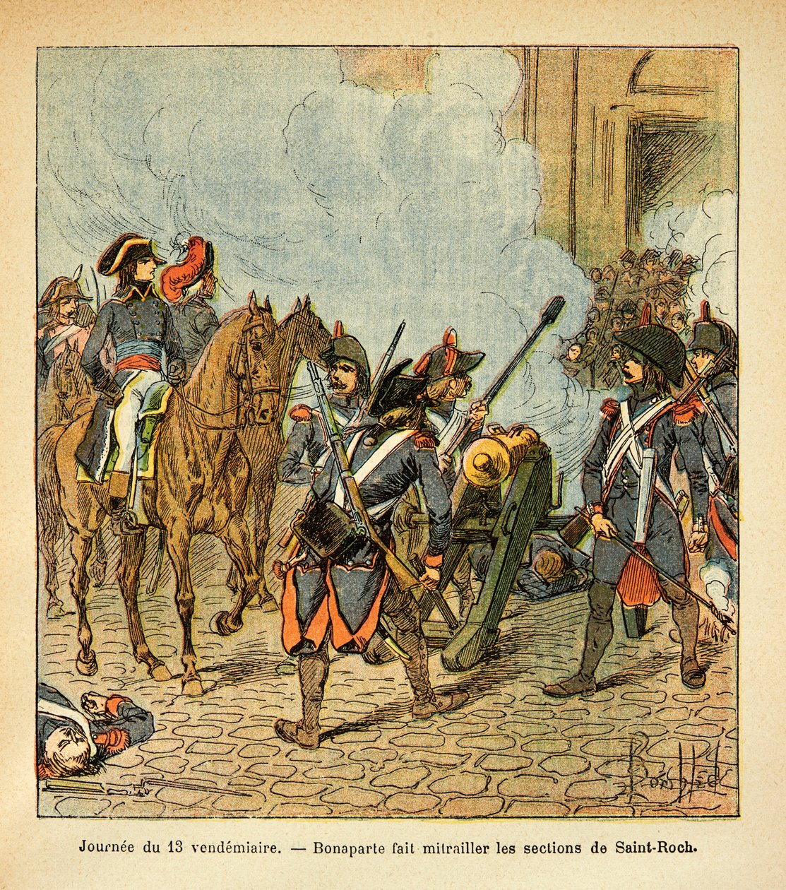 Ilustración de Louis Bombled del libro “El Memorial de Santa Helena” de Emmanuel de Las Cases: Día del 13 de viernes, Bonaparte hace disparar a las secciones de Saint Roch con un cañón de Louis Charles Bombled
