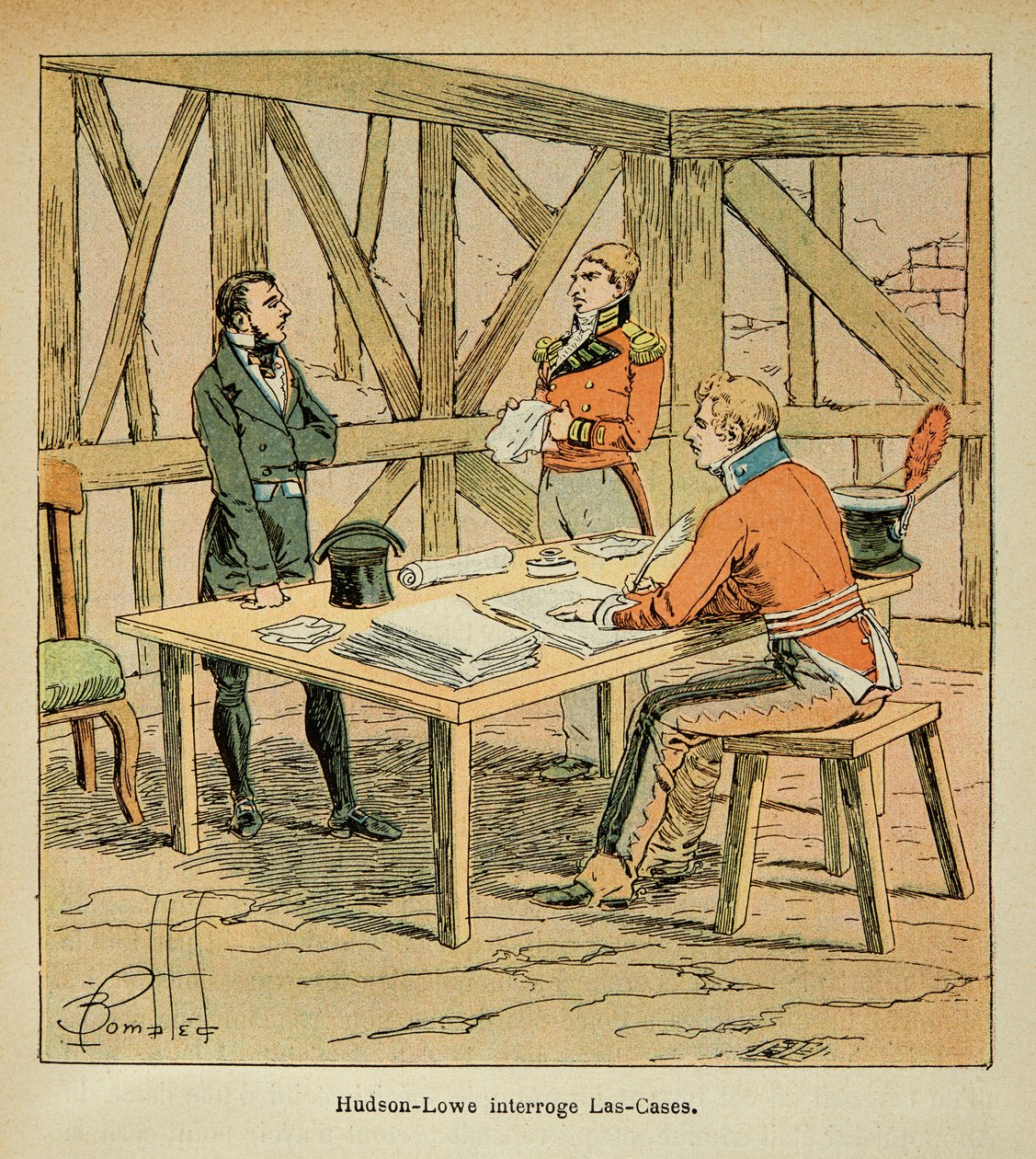 Ilustración de Bombled Louis (1862-1927) de Conde Emmanuel de Las Cases (1766-1842): El gobernador Hudson Lowe (1769-1844) interroga a Las Cases, Colección privada de Louis Charles Bombled