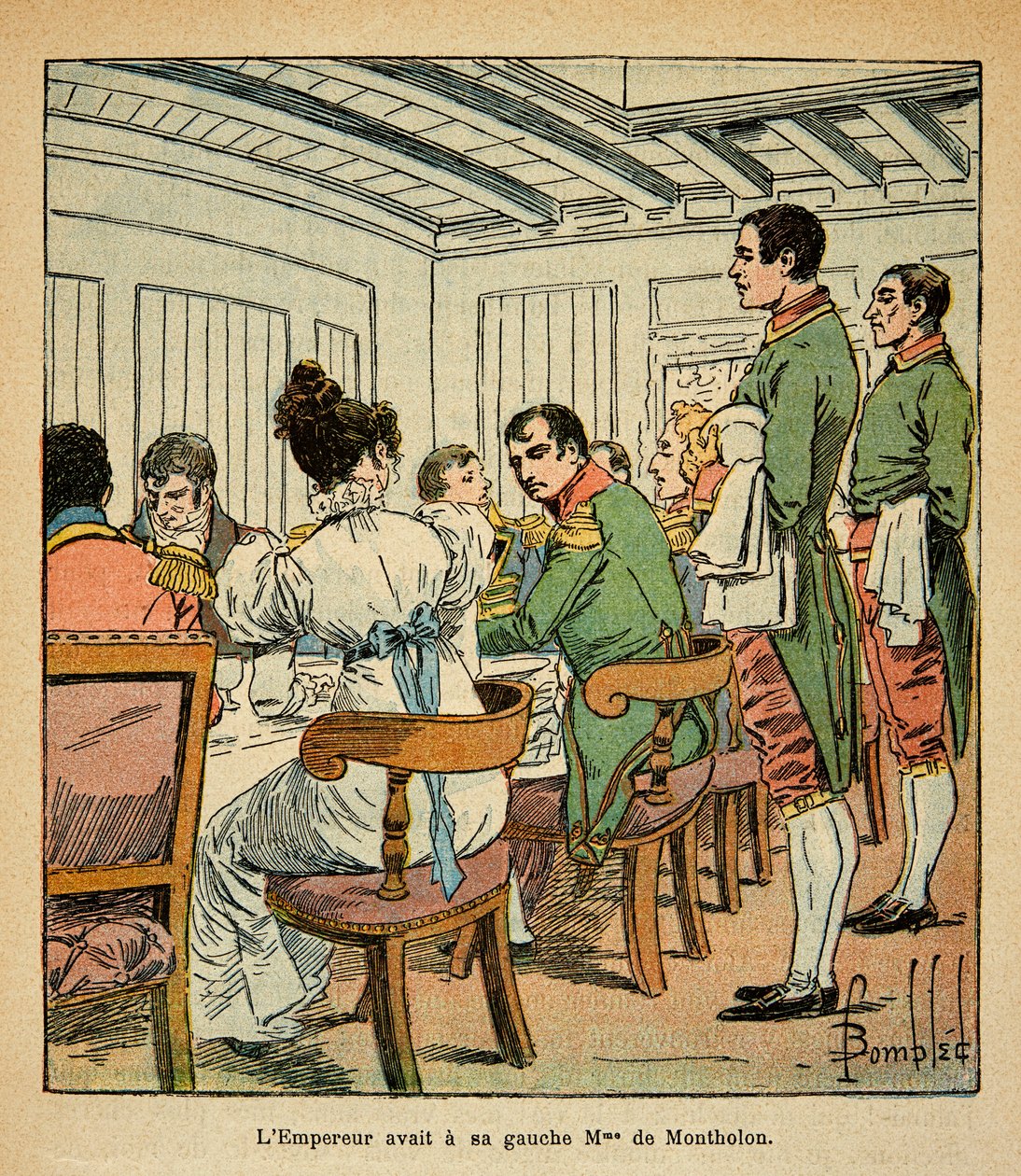 Ilustración de Louis Bombled (1862-1927) del libro "El Memorial de Santa Helena" por el Conde Emmanuel de Las Cases (1766-1842): Cena del emperador Napoleón a bordo del Northumberland en ruta a Santa Helena, con la señora De Montholon a su izquierda, Colec de Louis Charles Bombled