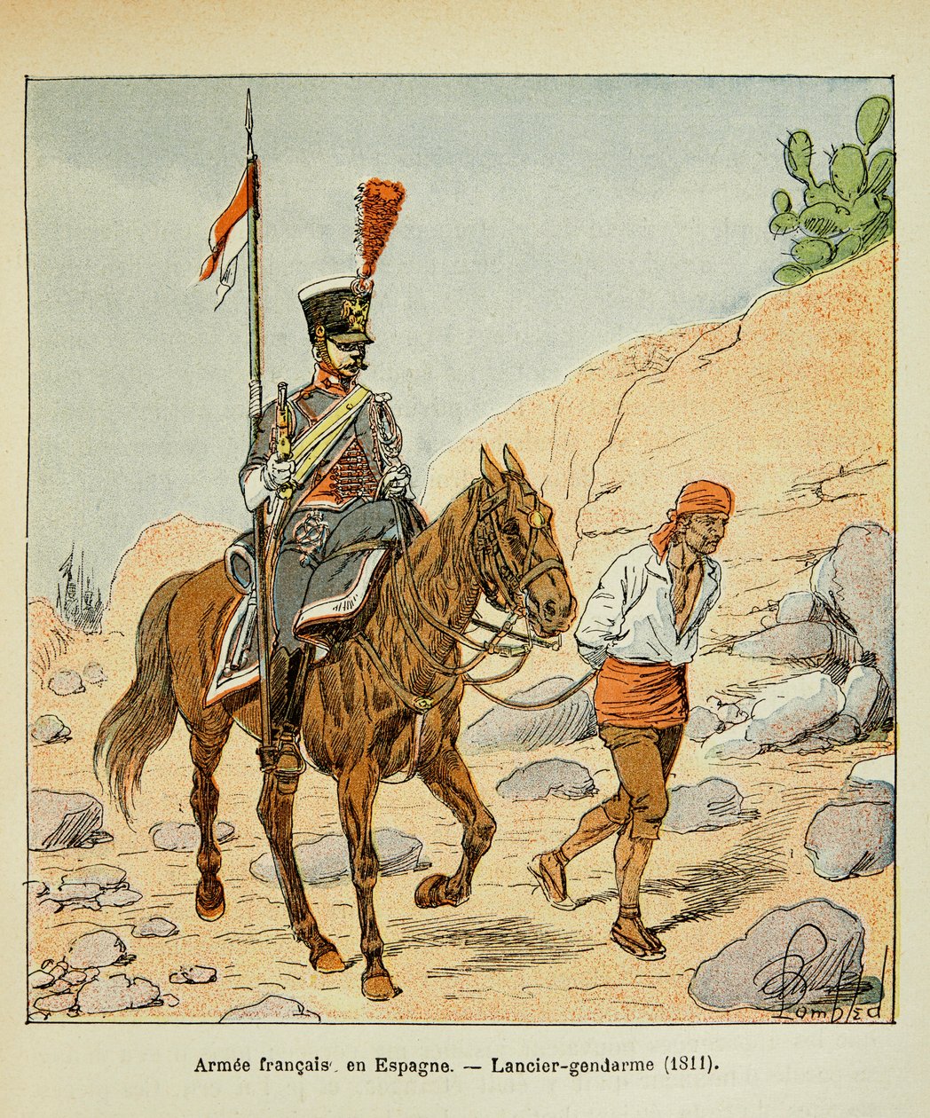 Ilustración de Louis Bombled (1862-1927) del libro "El Memorial de Santa Helena" por el Conde Emmanuel de Las Cases (1766-1842): Ejército francés en España: Gendarme lancero 1811, Colección privada de Louis Charles Bombled
