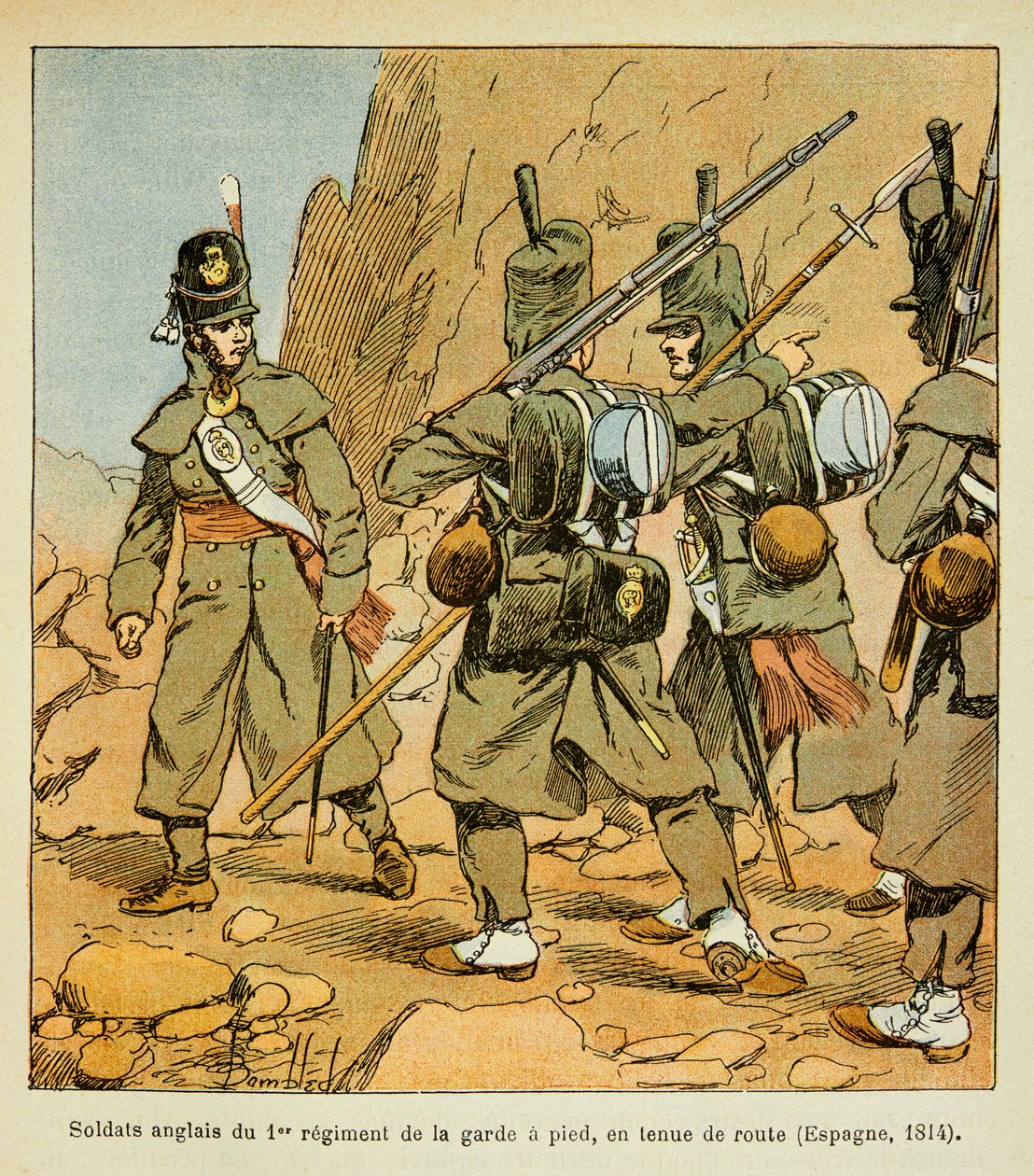 Ilustración de Louis Bombled (1862-1927) del libro "El Memorial de Santa Helena" por el Conde Emmanuel de Las Cases (1766-1842): Soldados ingleses del 1er Regimiento de la Guardia en una parada en el camino (España 1814), Colección privada de Louis Charles Bombled