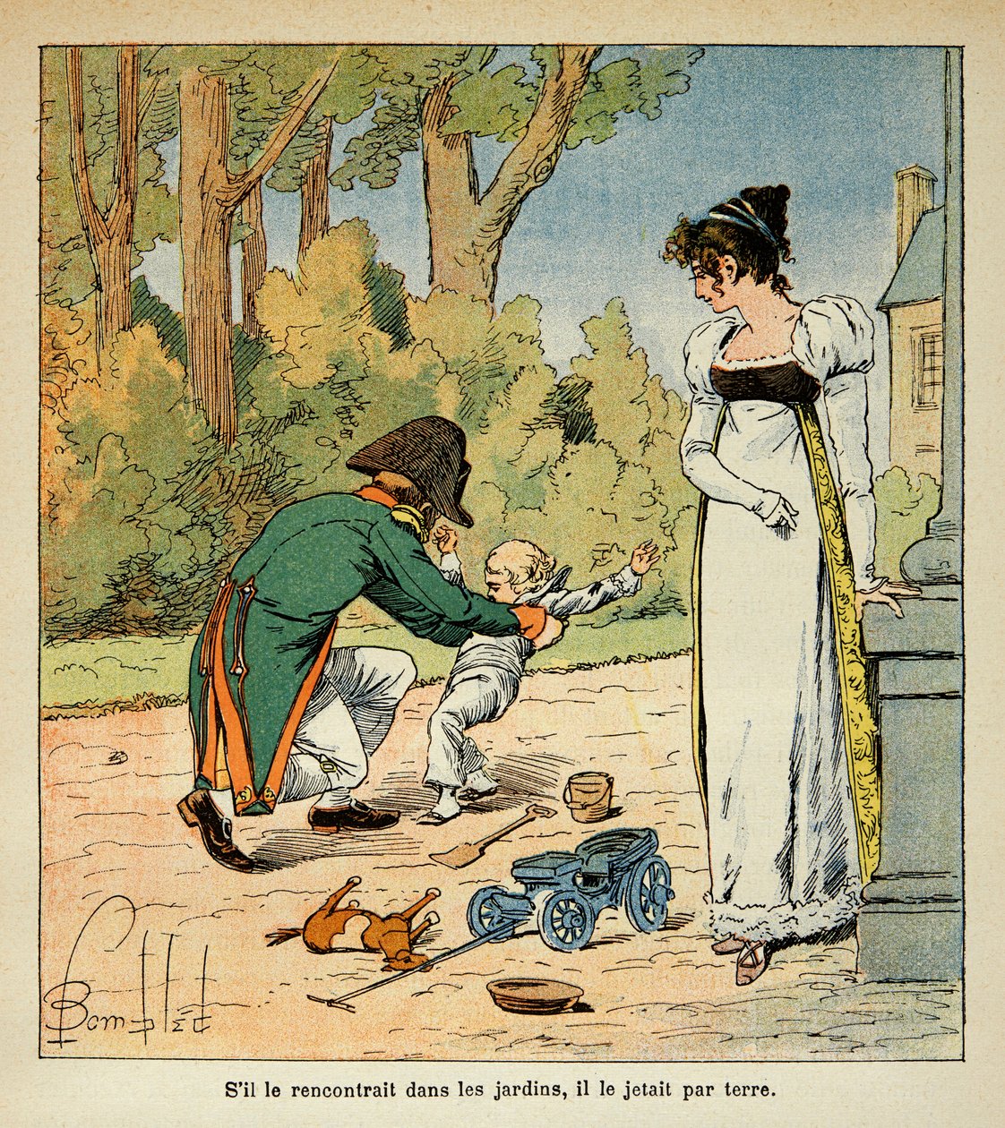 Ilustración de Louis Bombled (1862-1927) del libro "El Memorial de Santa Helena" por el Conde Emmanuel de Las Cases (1766-1842): Napoleón jugando con su hijo en presencia de Marie Louise, Colección privada de Louis Charles Bombled