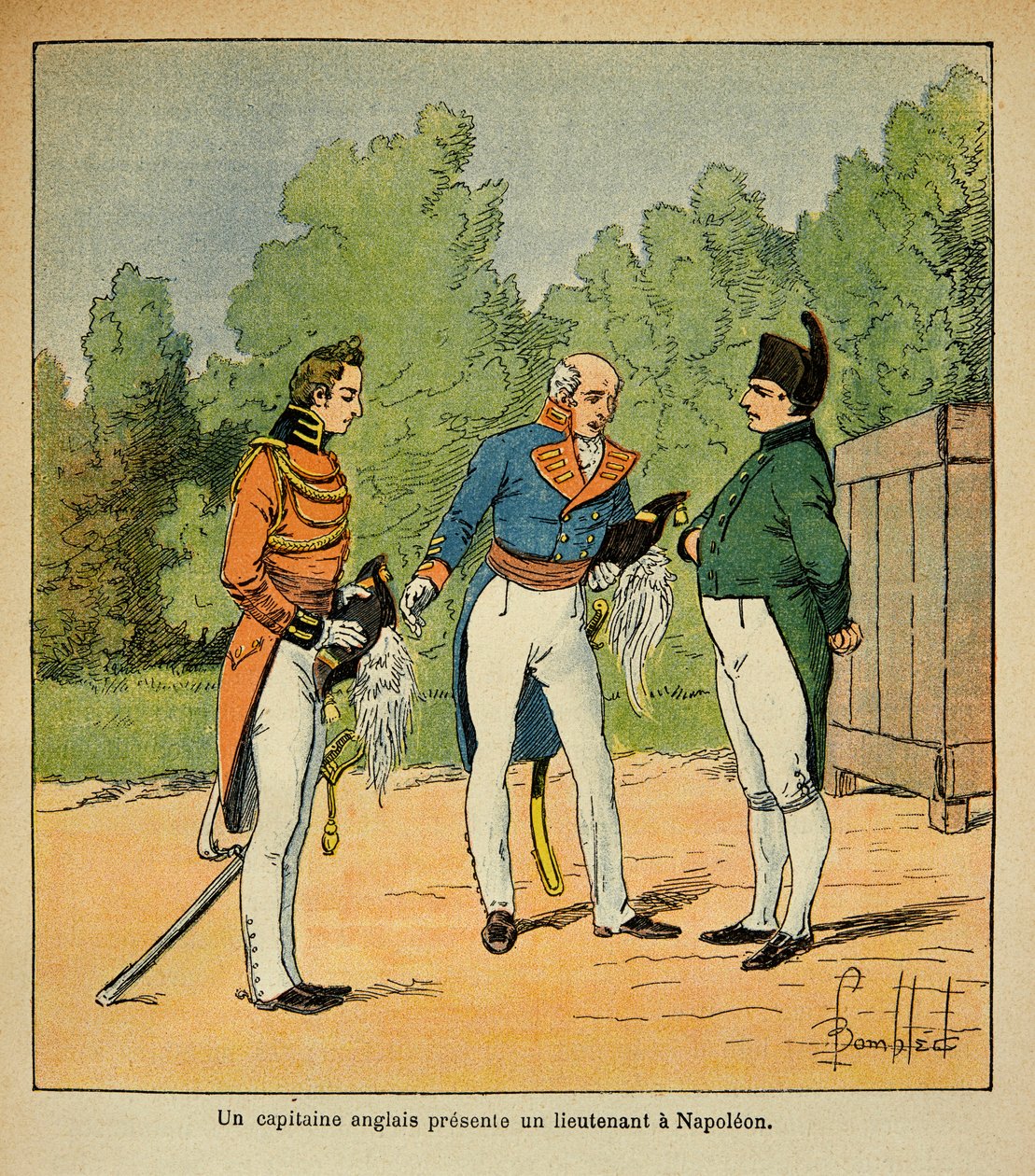 Ilustración de Louis Bombled del libro “El Memorial de Santa Helena” de Emmanuel de Las Cases: En Santa Helena, un capitán inglés presenta al emperador Napoleón a un teniente de Louis Charles Bombled