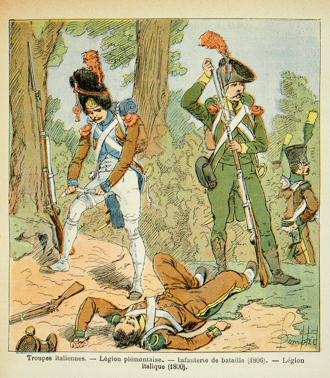 Ilustración de Louis Bombled (1862-1927) del libro “El Memorial de Santa Helena” de Emmanuel de Las Cases (1766-1842): Tropas italianas, Legión Piemontesa: Infantería de Batalla (1806), Legión Itálica (1800), Colección Privada de Louis Charles Bombled