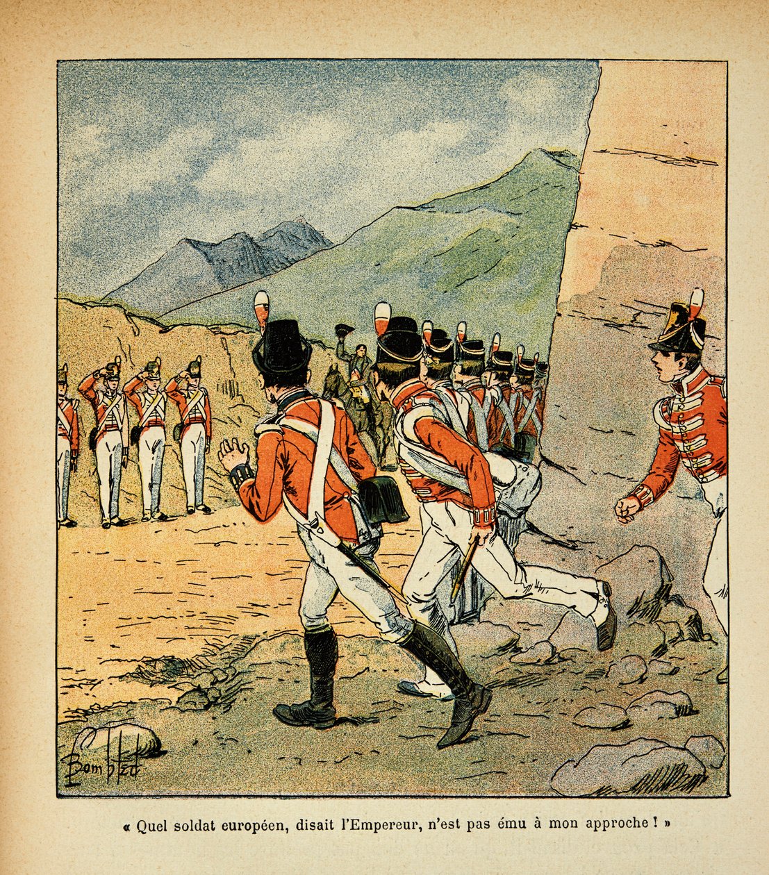 Ilustración de Louis Bombled del libro “El Memorial de Santa Helena” de Emmanuel de Las Cases: El emperador Napoleón saludado por la guarnición de Santa Helena de Louis Charles Bombled