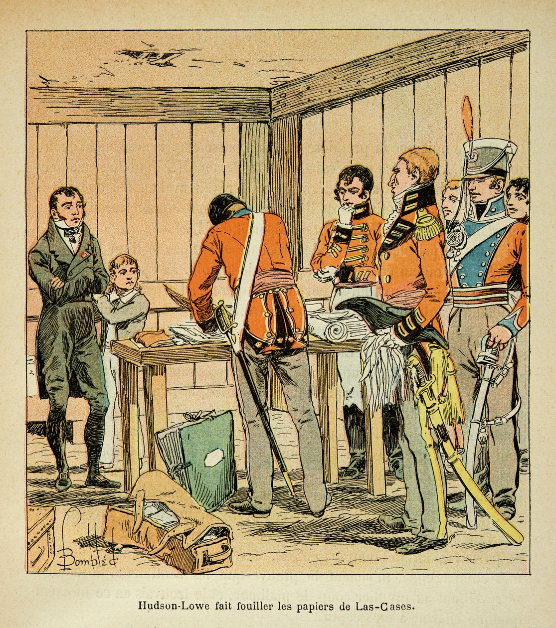 Ilustración de Bombled Louis (1862-1927) del libro “El Memorial de Santa Helena” de Conde Emmanuel de Las Cases (1766-1842): Hudson Lowe (1769-1844) hace buscar los papeles de Las Cases, Colección privada de Louis Charles Bombled