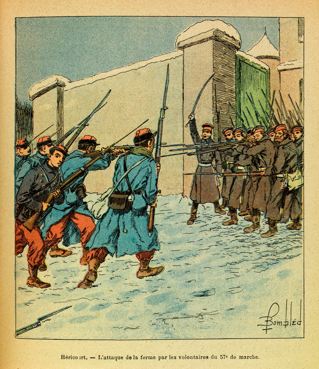 El Ejército del Este de Eugene Sergeant, conocido como Grenest, ilustrado por Louis Bombled (1862-1927) (Guerra Franco-Prusiana; campaña de 1870-1871): Enero de 1871, Hericourt, los voluntarios franceses del 57, eme de marche en l