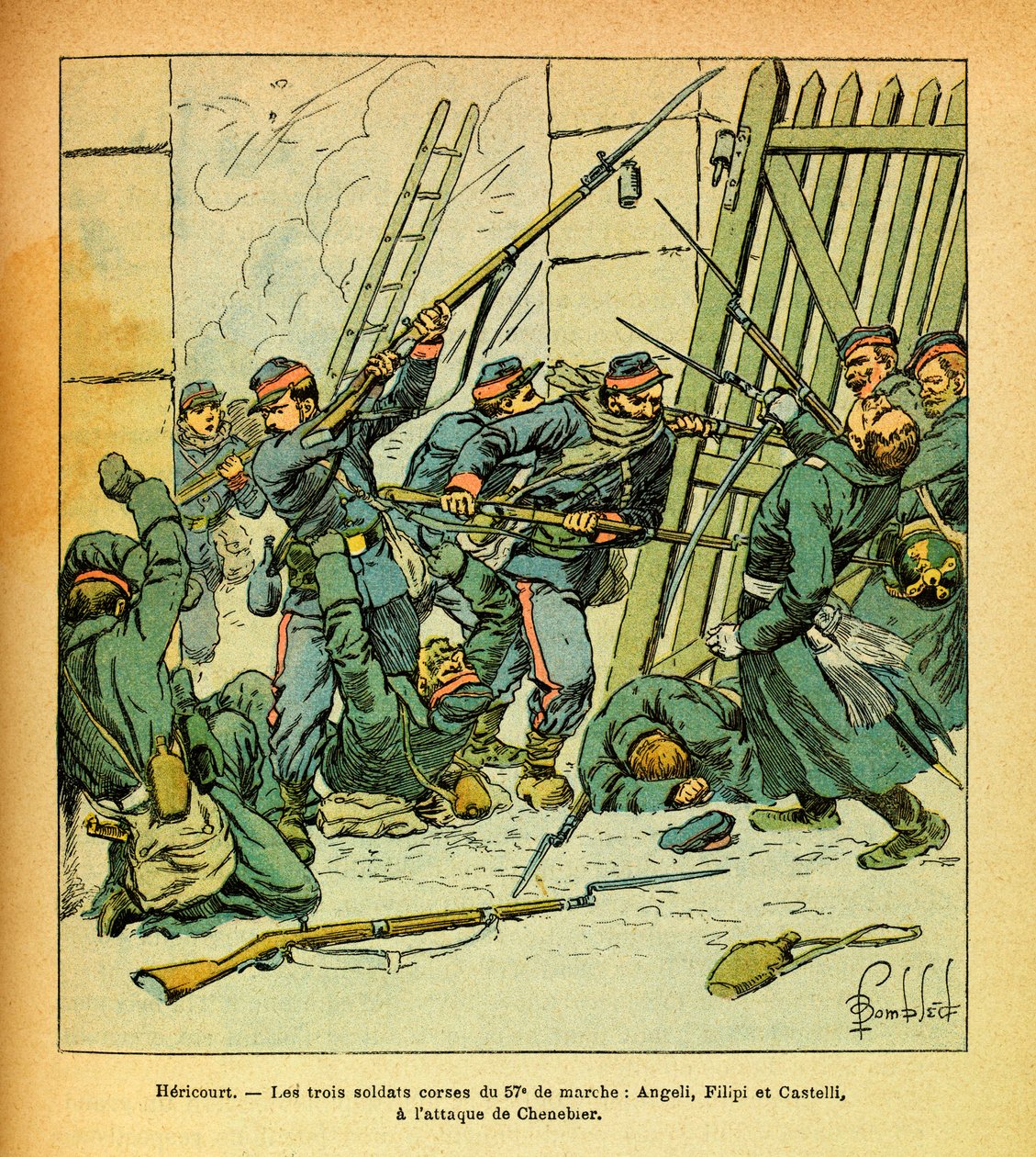 El Ejército del Este de Eugene Sergeant, conocido como Grenest, ilustrado por Louis Bombled (1862-1927): Enero de 1871, Hericourt, soldados corsos del 57º marchan al asalto del pueblo de Chenebier, Colección Privada de Louis Charles Bombled