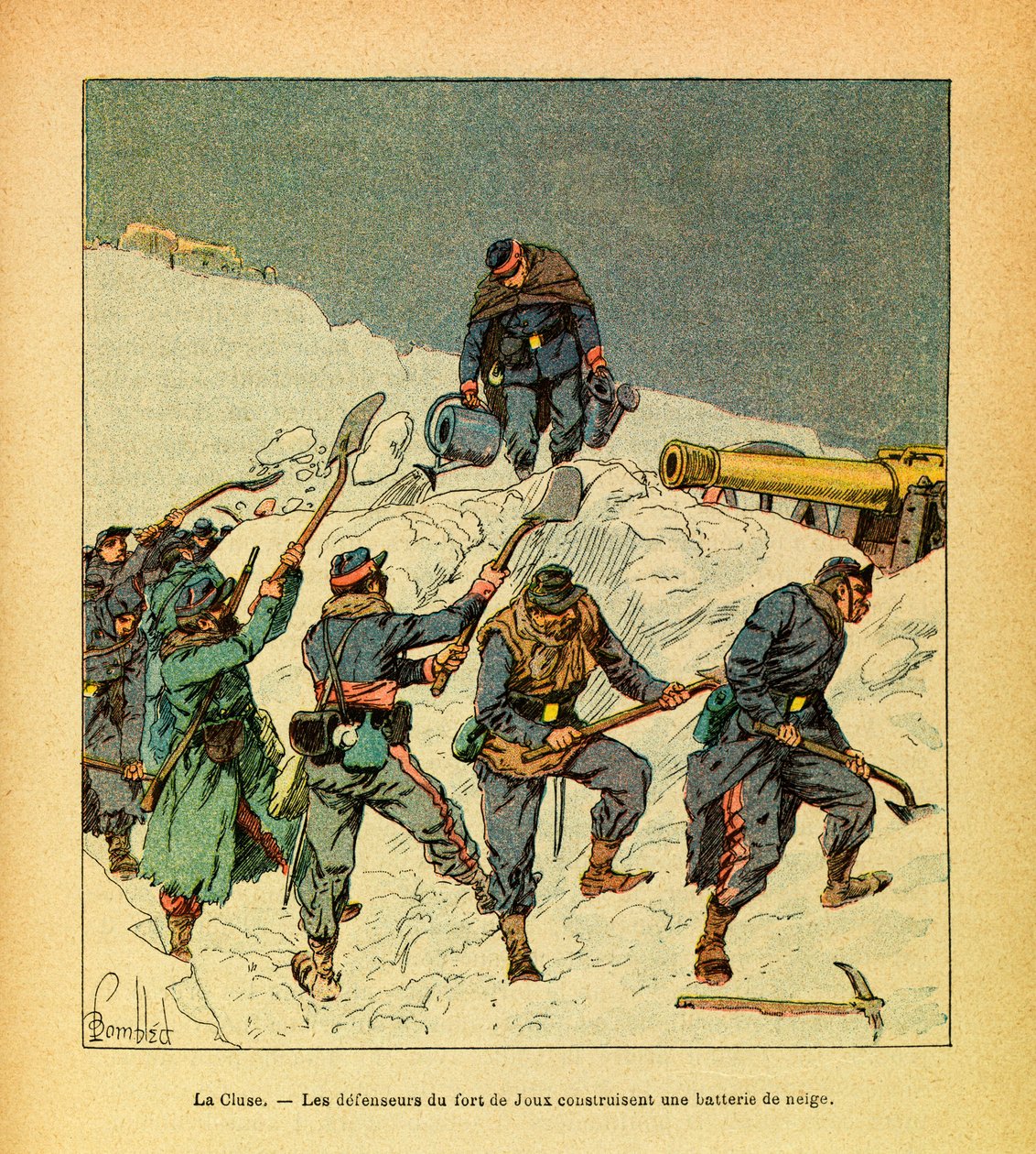 El ejército del Este: Febrero de 1871, La Cluse, los defensores del Fuerte de Joux construyen una batería de nieve de Louis Charles Bombled