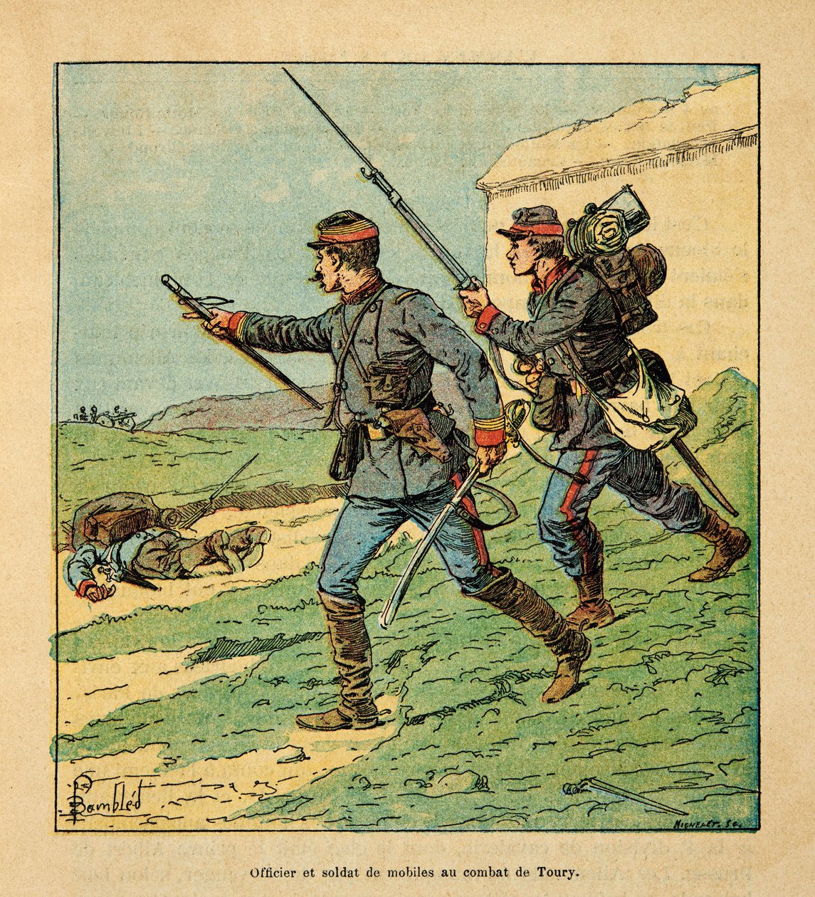 El ejército del Loira por Eugene Sergent, ilustrado por Louis Bombled (Guerra Franco-Prusiana; campaña de 1870-1871): Oficial y móvil del Cher en la batalla de Toury (Eure y Loira) el 5 de octubre de 1870, Colección privada de Louis Charles Bombled