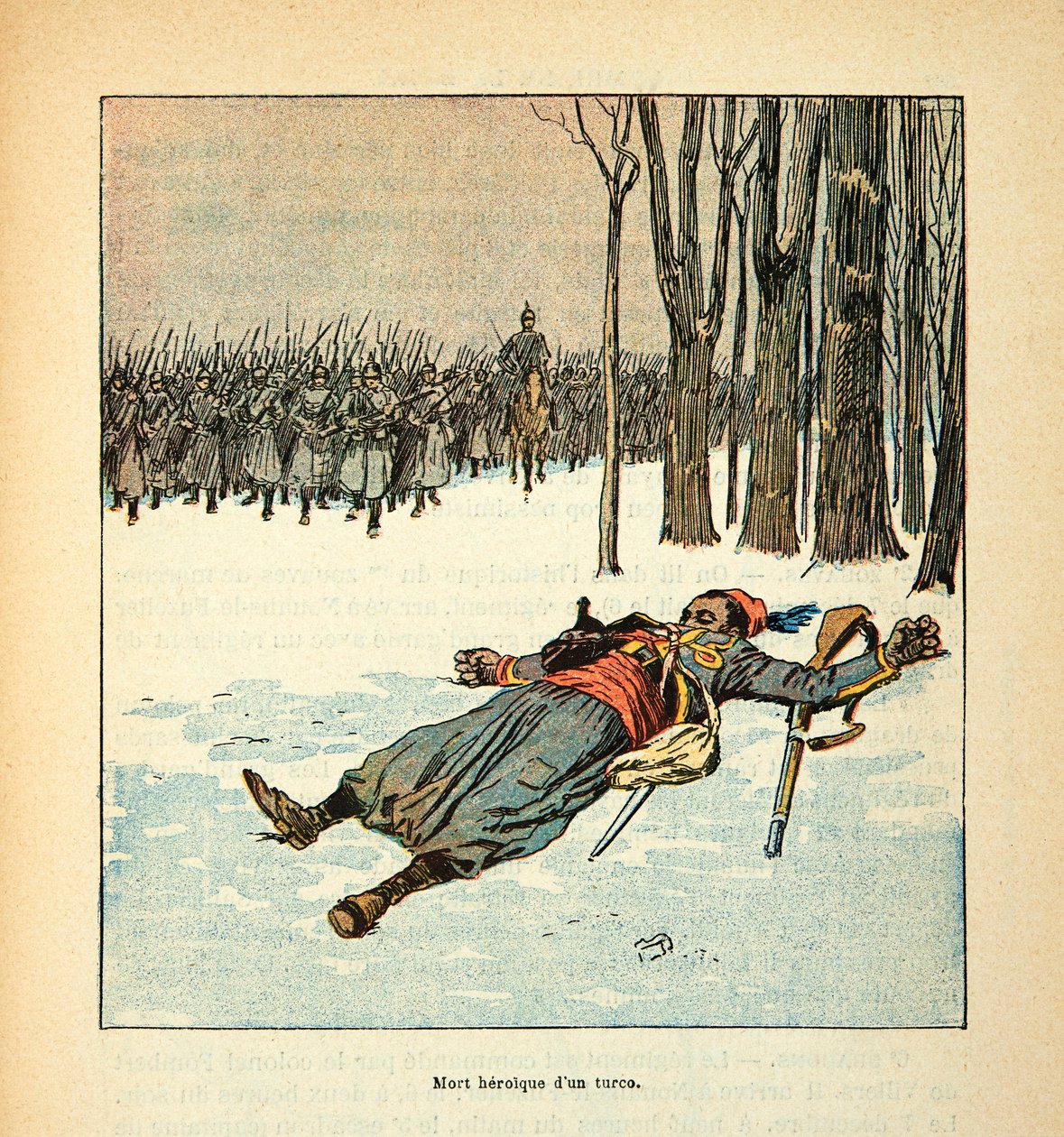 El Ejército del Loira por Eugene Sergent, conocido como Grenest, ilustrado por Louis Bombled (1862-1927) (Guerra Franco-Prusiana; campaña de 1870-1871): Muerte heroica de un turco en diciembre de 1870, Colección Privada de Louis Charles Bombled