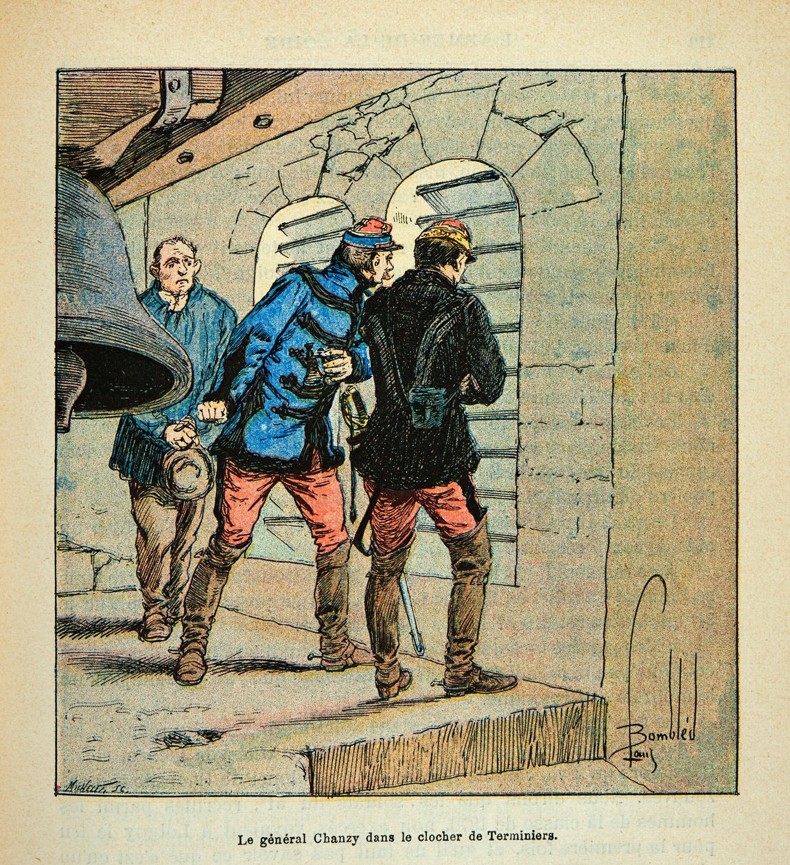 El Ejército del Loira por Eugene Sergent, conocido como Grenest, ilustrado por Louis Bombled (1862-1927) (Guerra Franco-Prusiana; campaña de 1870-1871): El General Chanzy en el campanario de Terminiers durante la Batalla de Loigny en diciembre de 1870, Col de Louis Charles Bombled