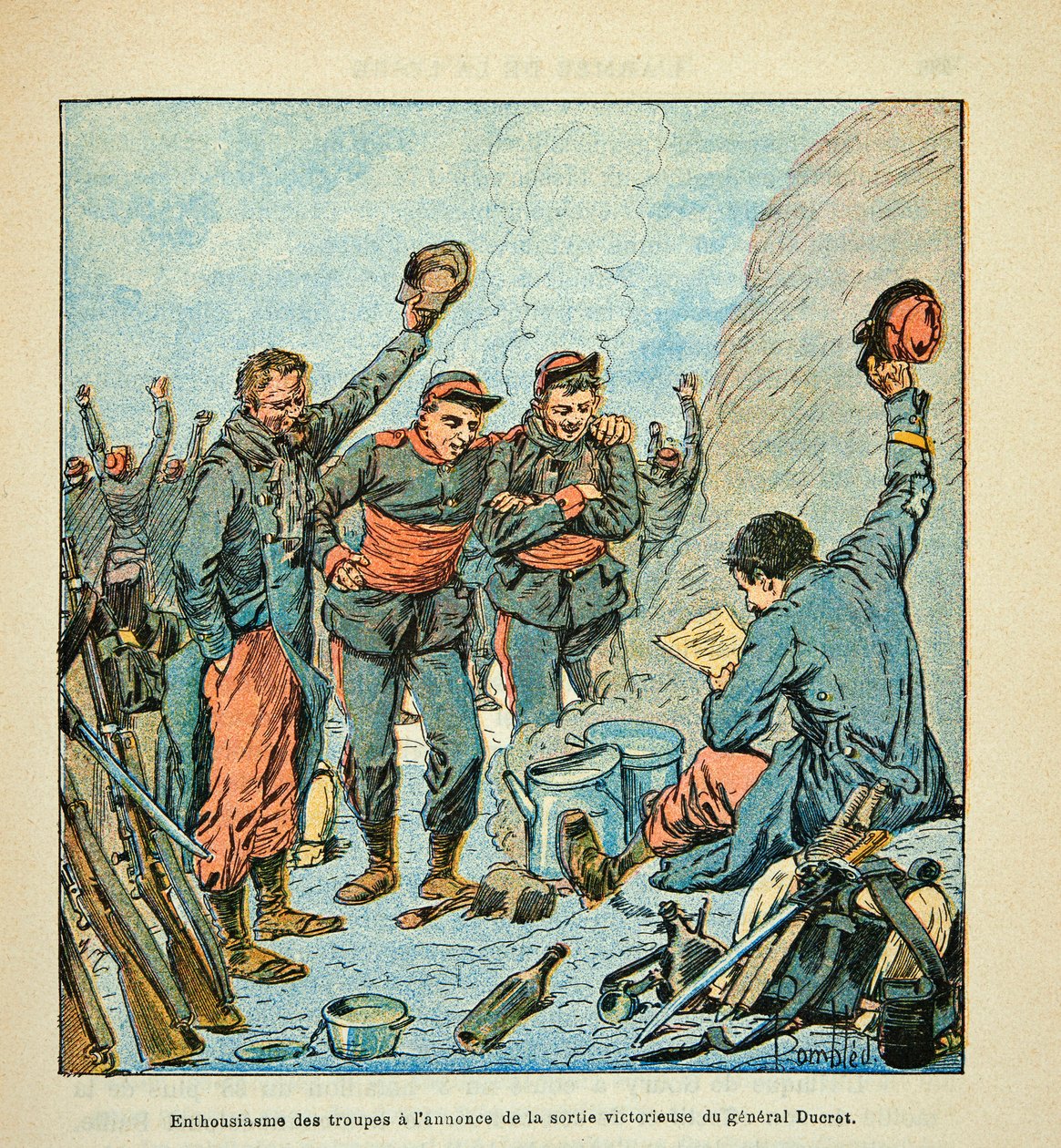 El Ejército del Loira por Eugene Sergent, conocido como Grenest, ilustrado por Louis Bombled (1862-1927) (Guerra Franco-Prusiana; campaña de 1870-1871): Los soldados del Ejército del Loira entusiastas ante el anuncio de la salida victoriosa del General Duc de Louis Charles Bombled