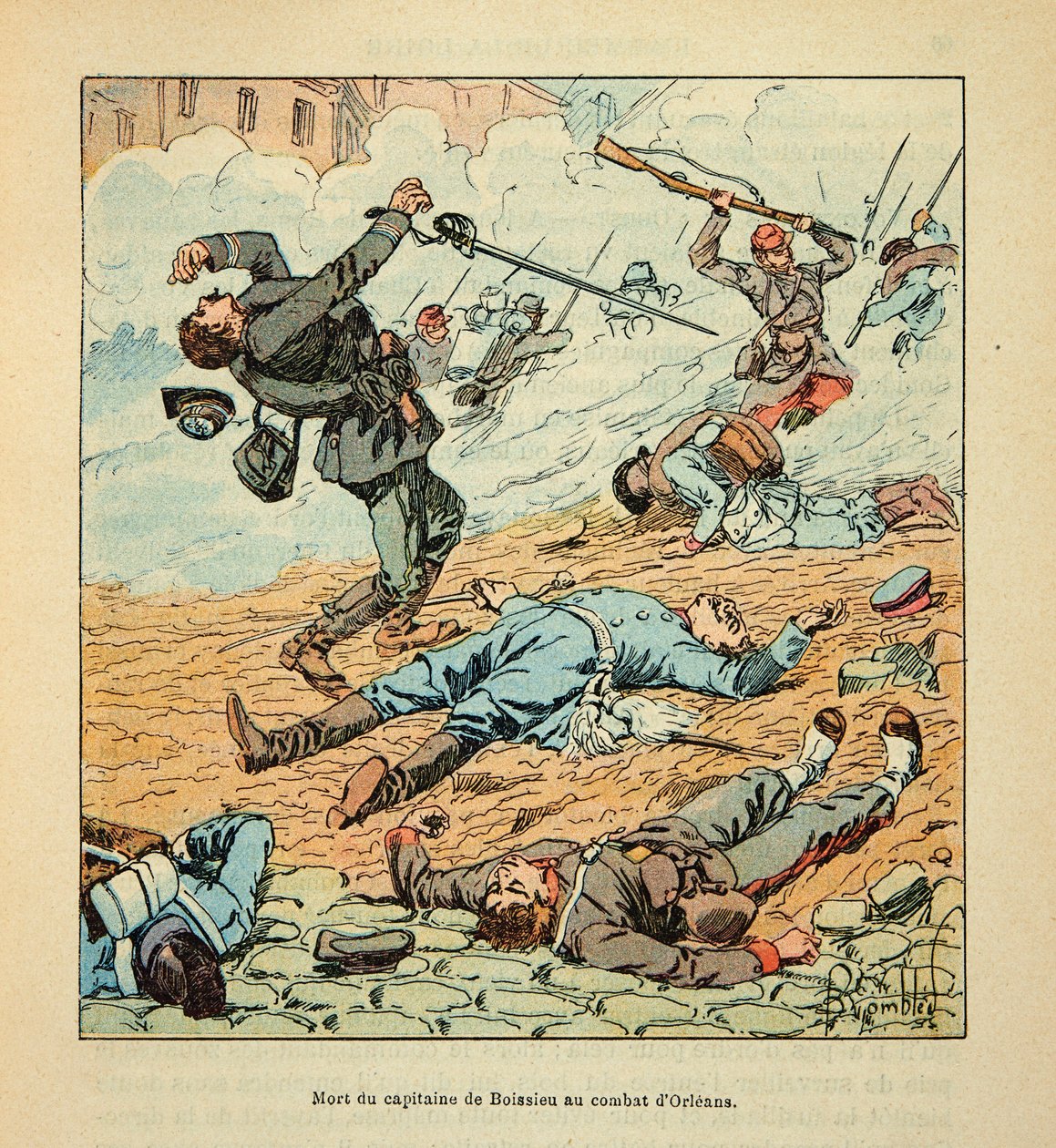 El Ejército del Loira por Eugene Sergent, conocido como Grenest, ilustrado por Louis Bombled (1862-1927) (Guerra Franco-Prusiana; campaña de 1870-1871): Muerte del Capitán De Boissieu durante los combates de Orleans el 11 de octubre de 1870, Colección Priv de Louis Charles Bombled