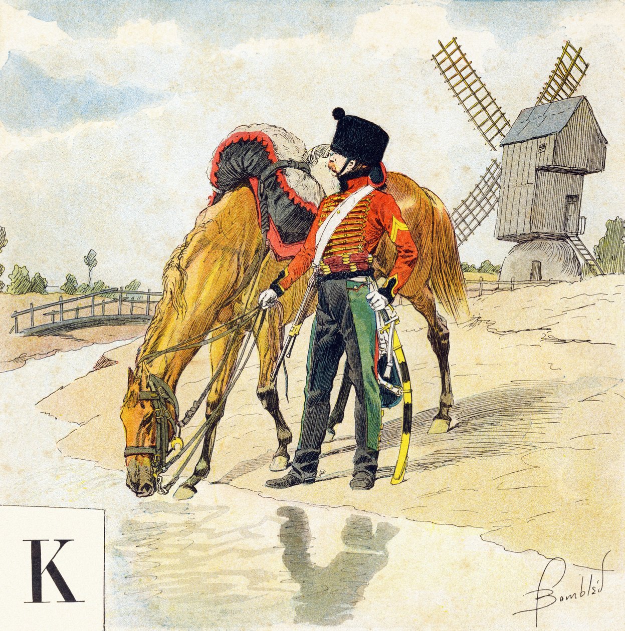 Letra K: Kolbach, sombrero de los jinetes franceses del primer y segundo imperio, "Seré soldado" - Alfabeto militar de Louis Charles Bombled
