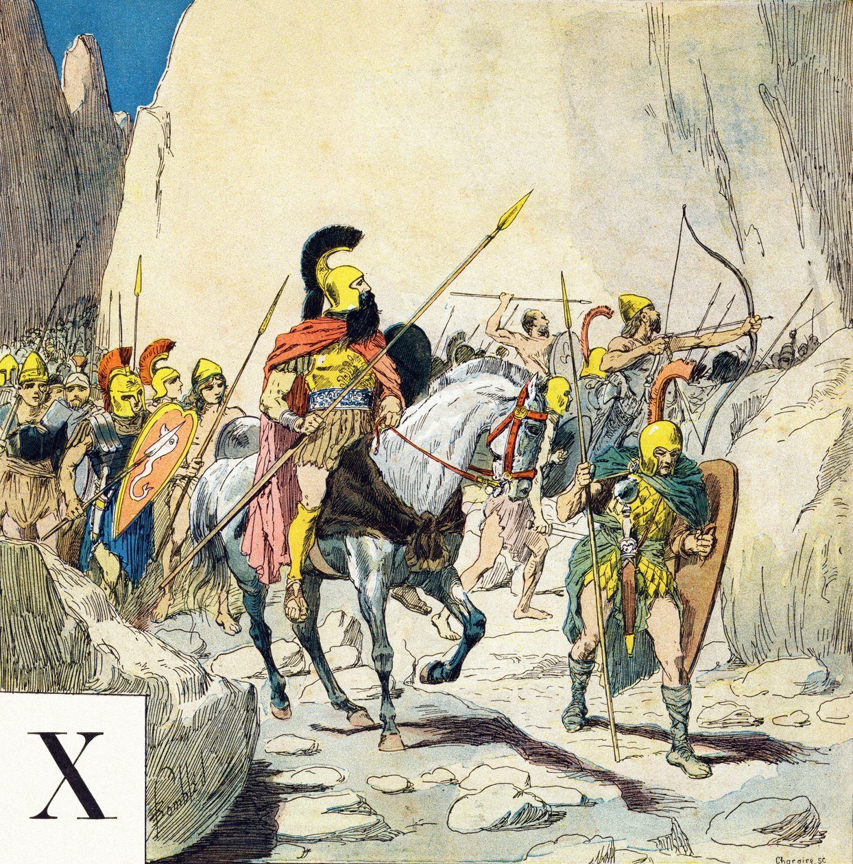 Letra X: Jenofonte, líder militar griego, y su ejército, "Seré soldado" - Alfabeto militar de Louis Charles Bombled