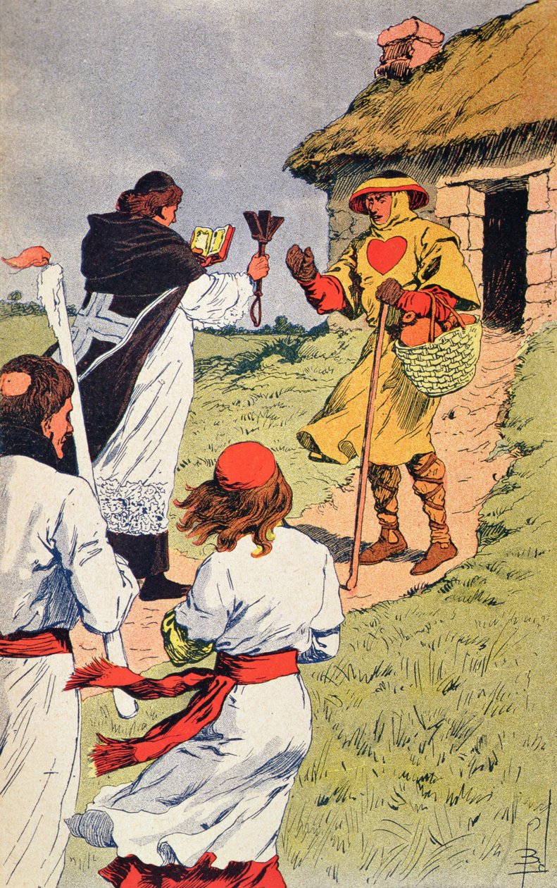 Sacerdote visitando a un leproso en la Edad Media, ilustración de 