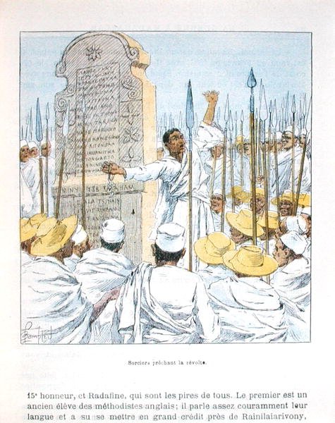 Hechiceros predicando la revuelta contra Francia tras la ocupación francesa de Madagascar en 1895, ilustración de 