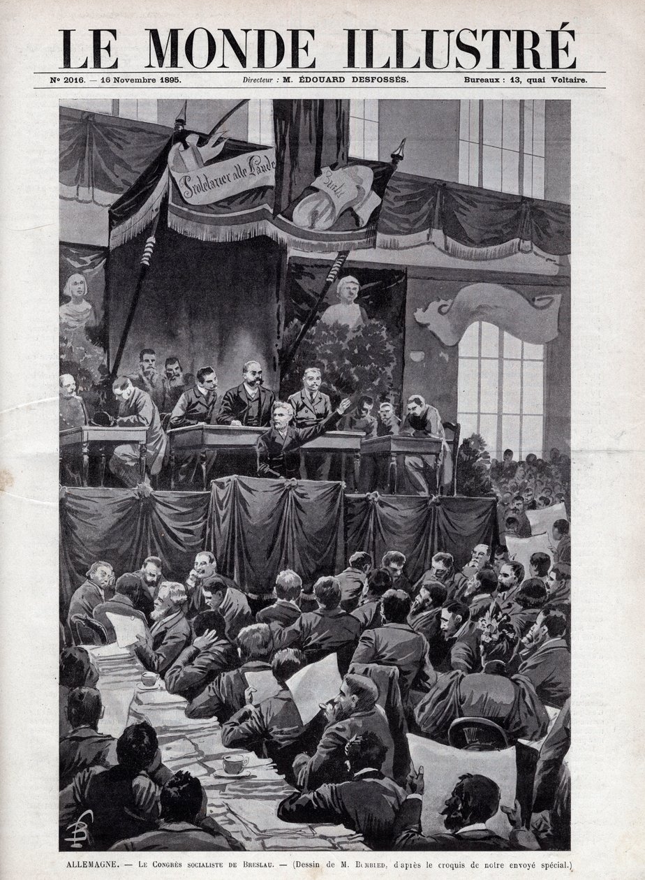 Discurso de August Bebel (1840-1913) durante el Congreso Socialista de Breslau en ALEMANIA en 1895 - Grabado en 
