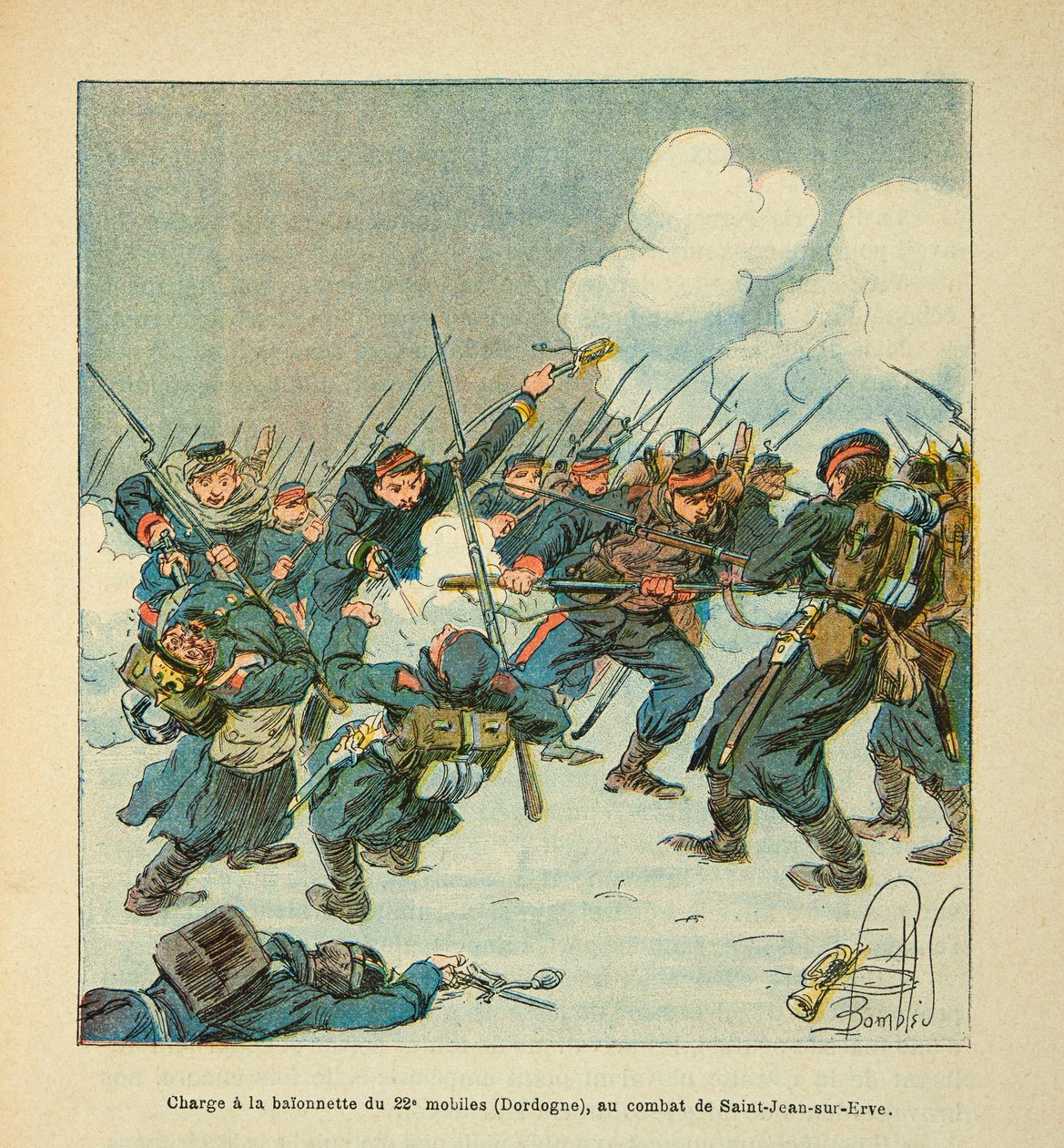 El Ejército del Loira por Eugene Sergent, conocido como Grenest, ilustrado por Louis Bombled (1862-1927) (Guerra Franco-Prusiana; campaña de 1870-1871): carga a la bayoneta del 22º móvil (Dordoña) en la batalla de Saint Jean sur Evre en enero de 1871 de Louis Charles Bombled