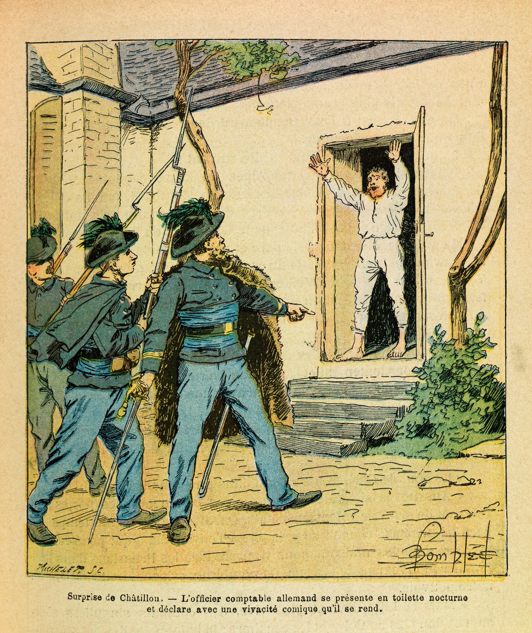 El Ejército del Este de Eugene Sergeant, conocido como Grenest, ilustrado por Louis Bombled (1862-1927) (Guerra Franco-Prusiana; campaña de 1870-1871): Noviembre de 1870, en Châtillon-sur-Seine, el Capitán Michard capturó al oficial de contabilidad alemán  de Louis Charles Bombled