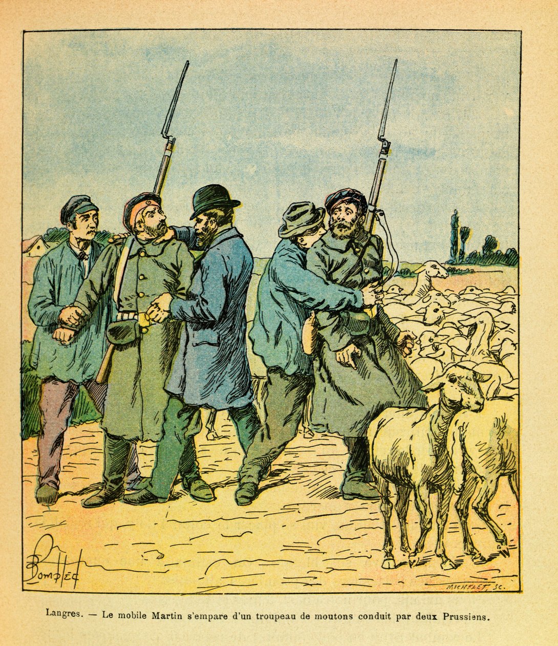 El Ejército del Este de Eugene Sergeant, conocido como Grenest, ilustrado por Louis Bombled (1862-1927) (Guerra Franco-Prusiana; campaña de 1870-1871): El móvil de Martin, disfrazado de campesino, capturó un rebaño de ovejas llevado por dos prusianos a Lan de Louis Charles Bombled