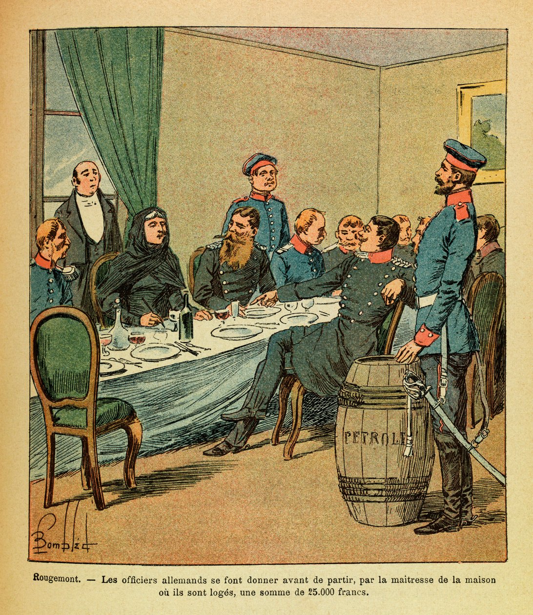 El ejército oriental de Eugene Sergeant, conocido como Grenest, ilustrado por Louis Bombled: en Rougemont, los oficiales alemanes recibieron antes de partir, por la dueña de la casa donde se alojan, una suma de Louis Charles Bombled
